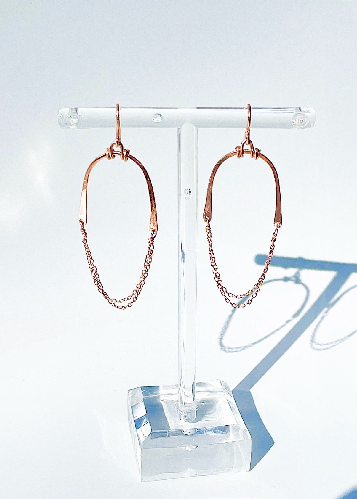 Half hoop, half chain hoops, small 2"long x 1" wide, hand hammered top hoop, with lever back ear wire